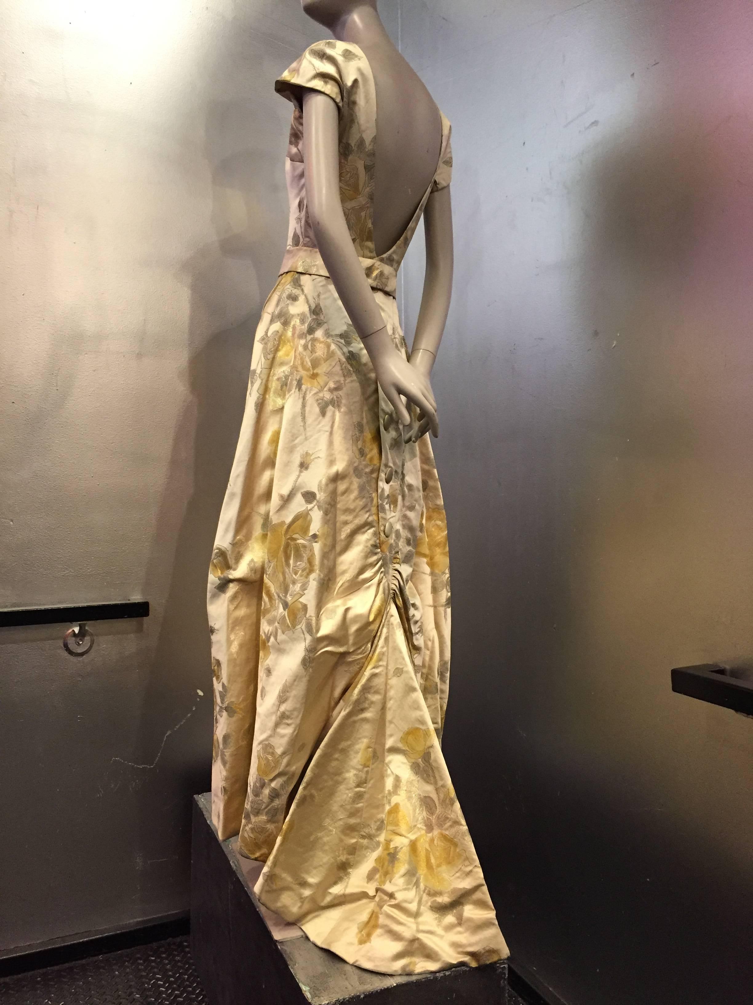 1950s James Galanos Golden Rose-Patterned Brocade Evening Gown w Train In Excellent Condition In Gresham, OR