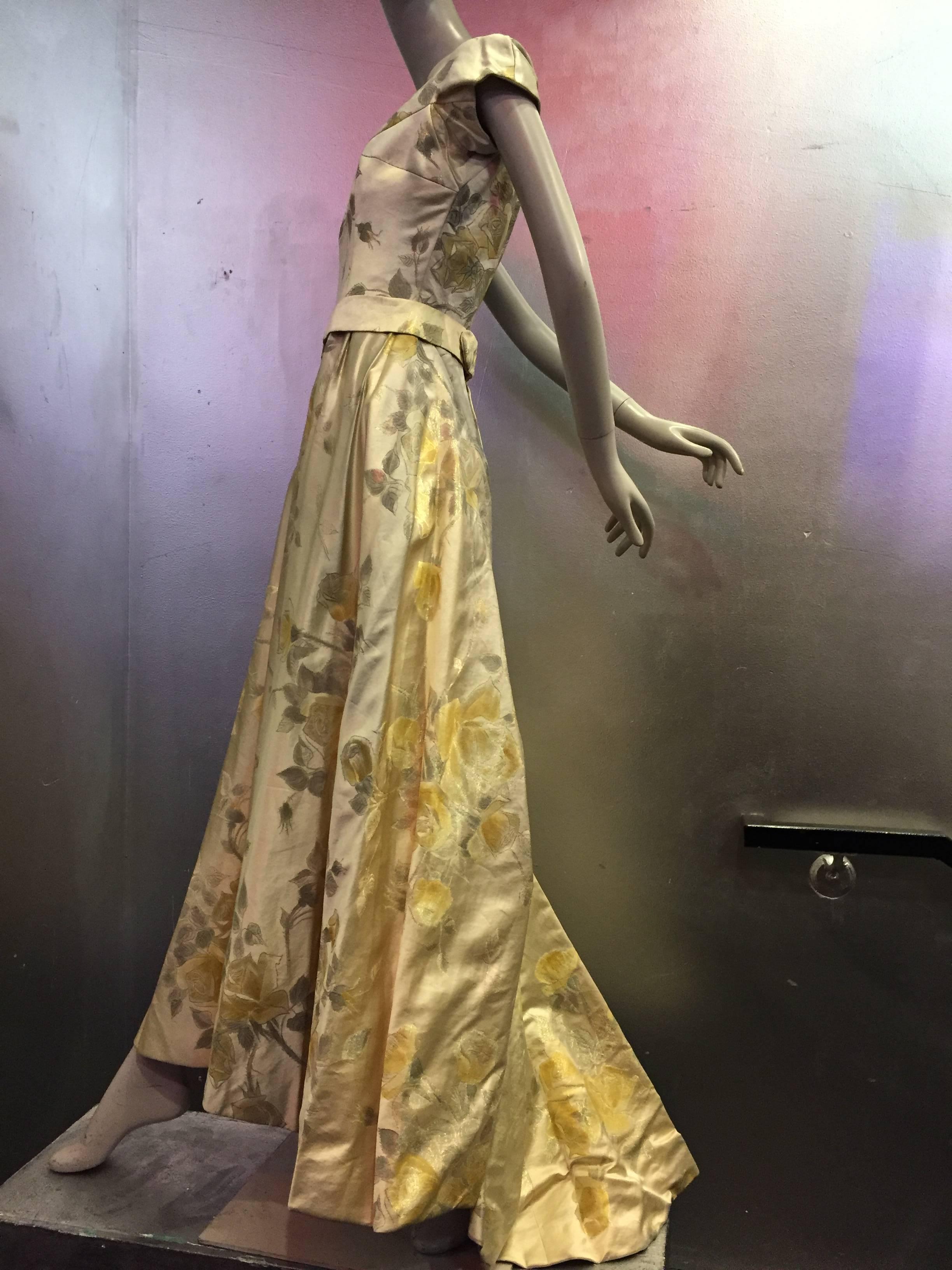 1950s James Galanos Golden Rose-Patterned Brocade Evening Gown w Train 1
