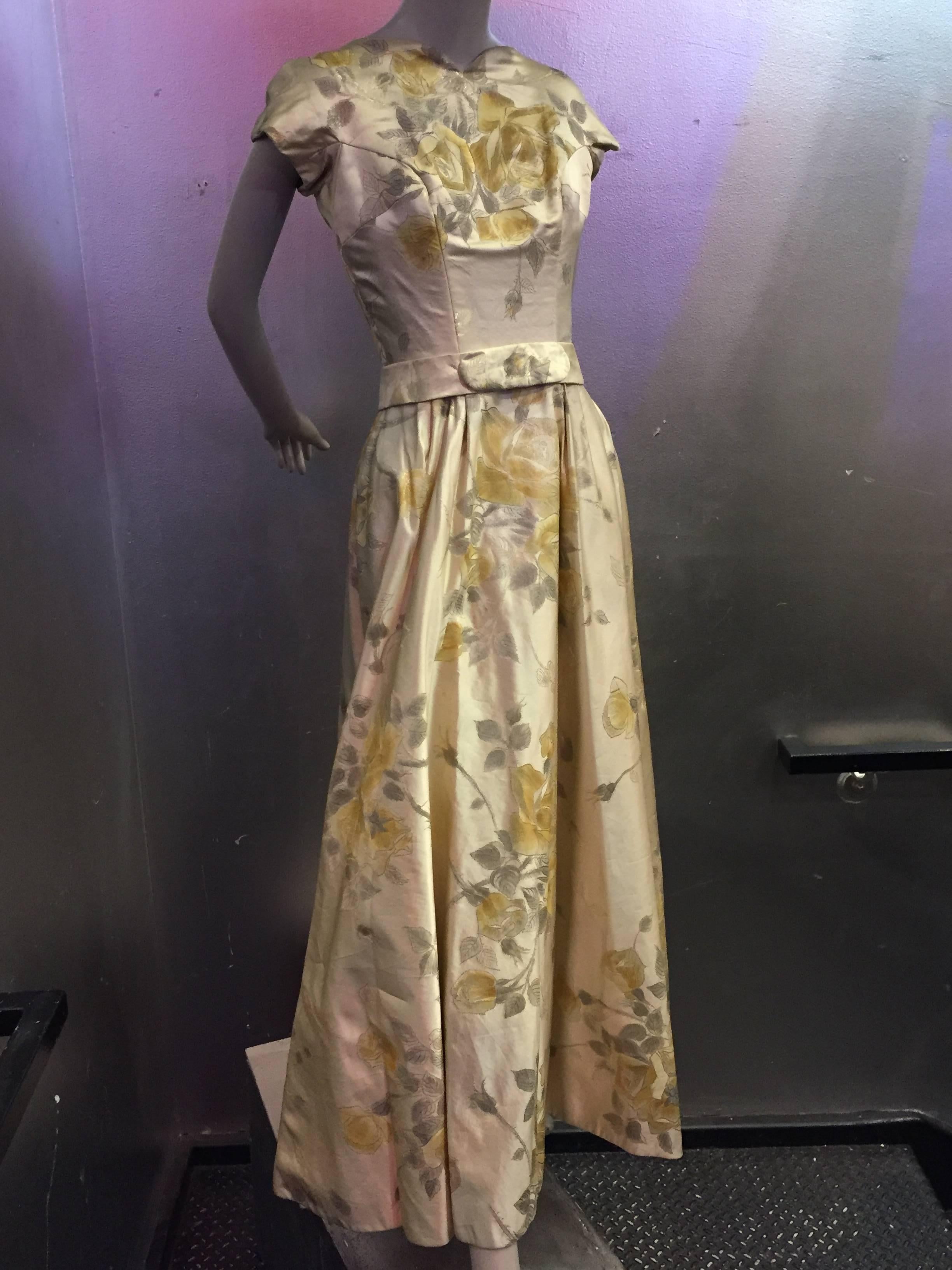 Women's 1950s James Galanos Golden Rose-Patterned Brocade Evening Gown w Train