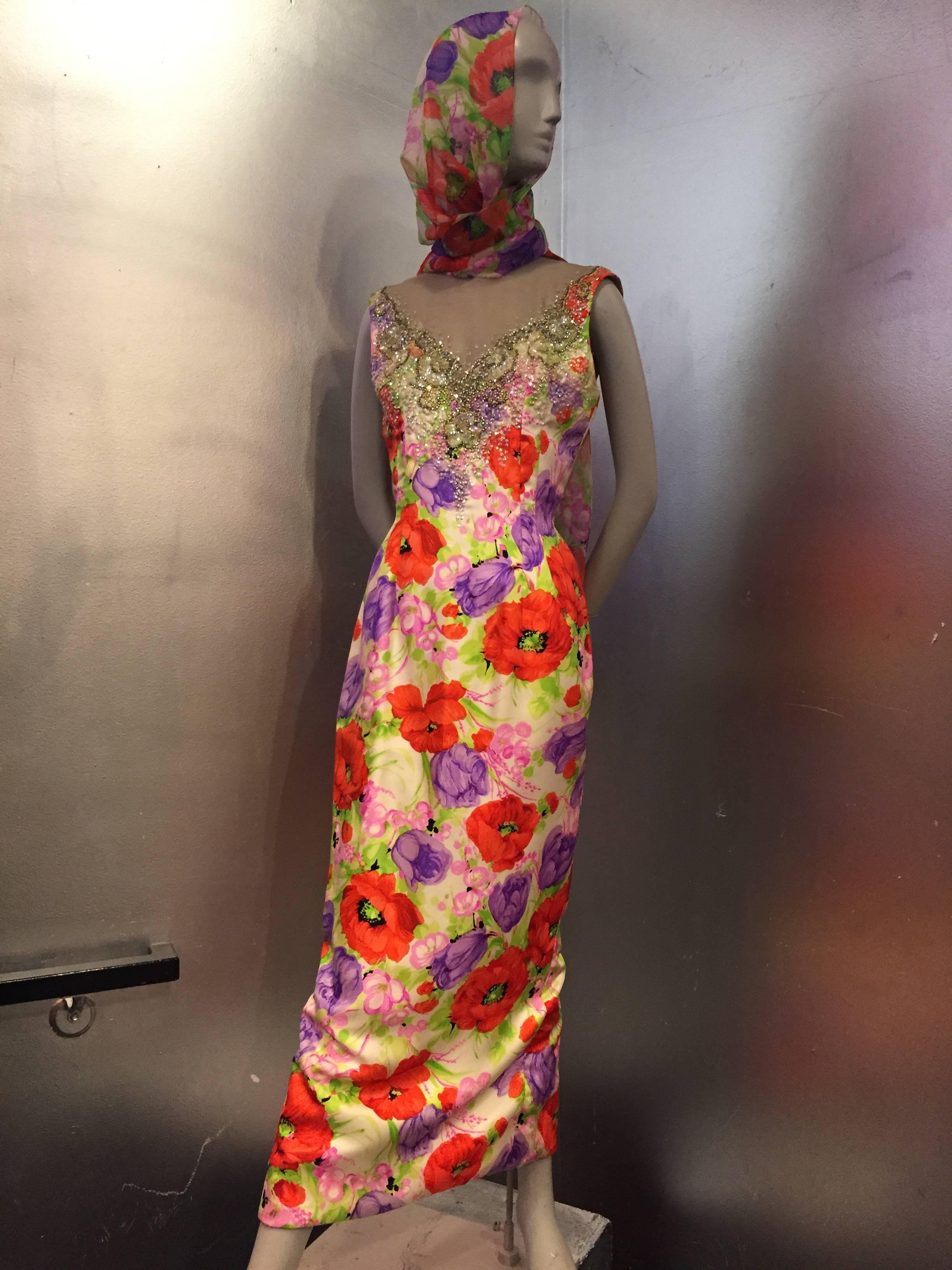 Incredible 1960s Mr. Blackwell Poppy Print Silk Gown w Jeweled Neck & Foulard In Excellent Condition In Gresham, OR