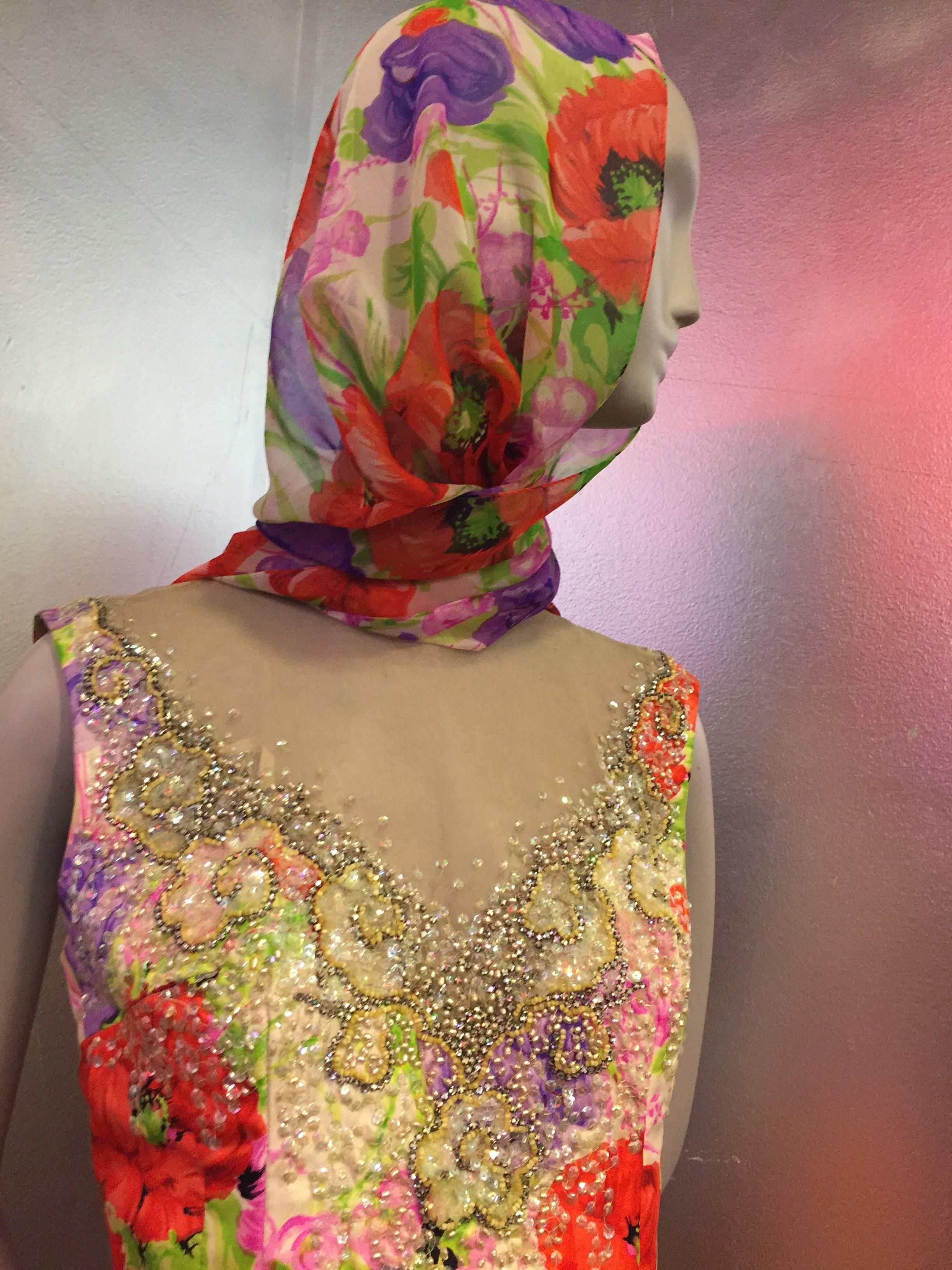 Women's Incredible 1960s Mr. Blackwell Poppy Print Silk Gown w Jeweled Neck & Foulard