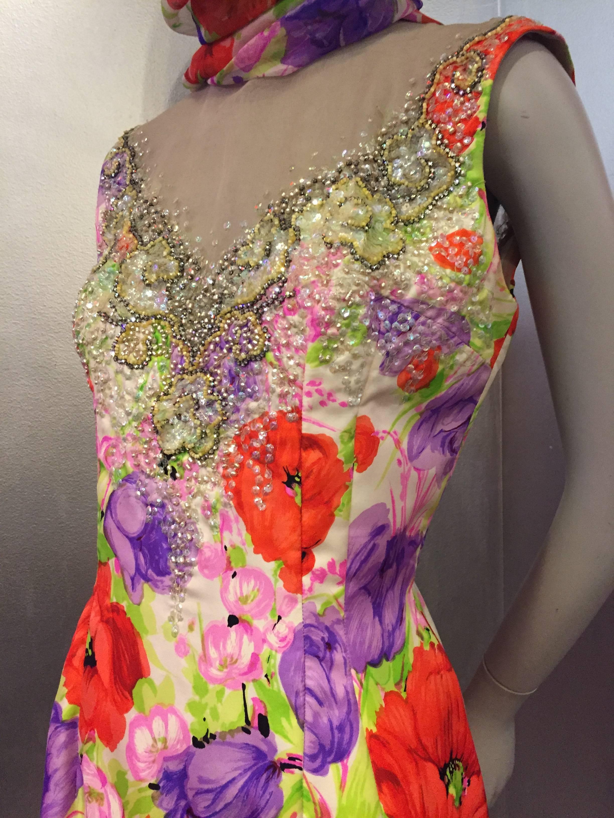 Incredible 1960s Mr. Blackwell Poppy Print Silk Gown w Jeweled Neck & Foulard 1
