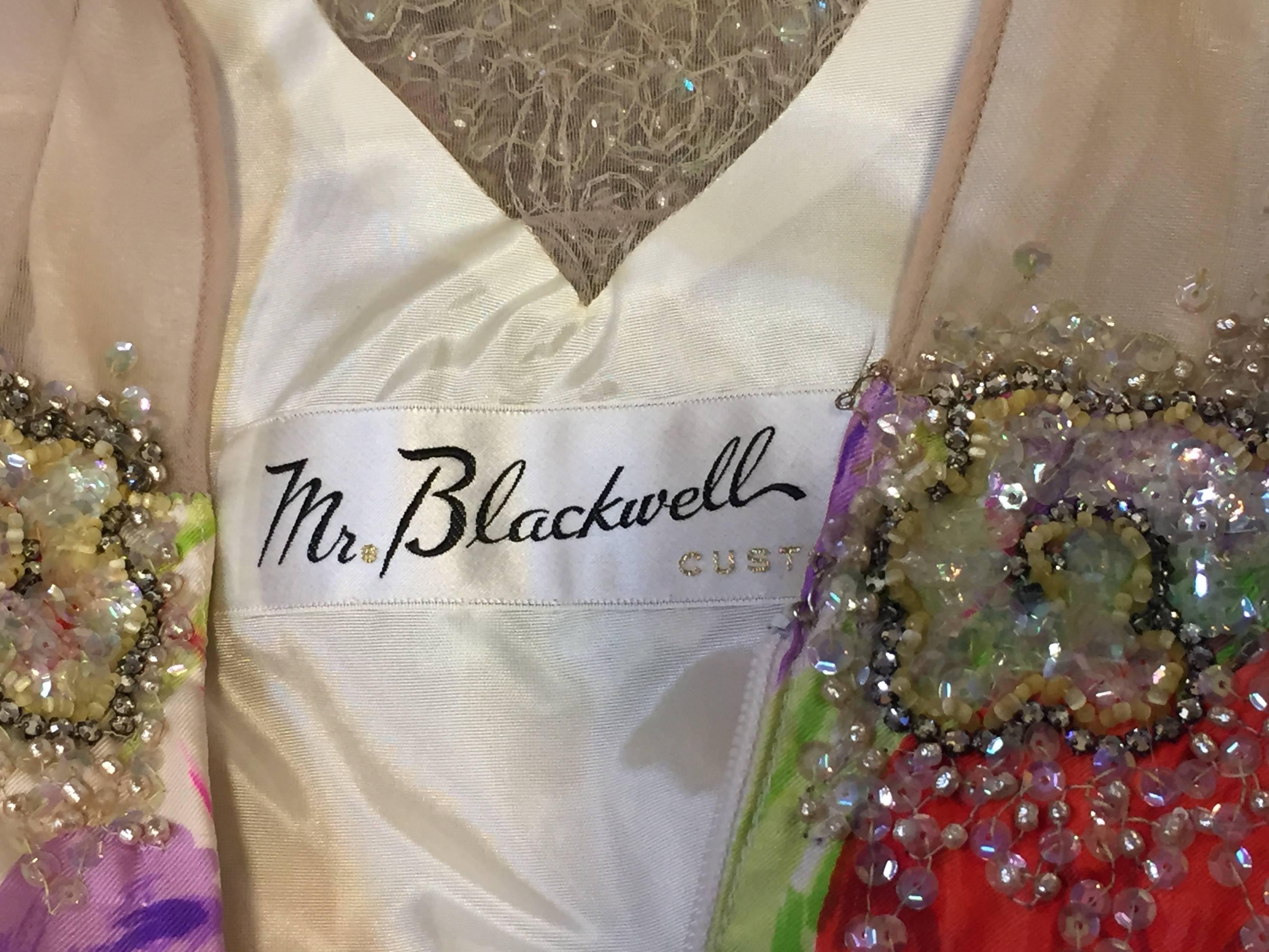 Incredible 1960s Mr. Blackwell Poppy Print Silk Gown w Jeweled Neck & Foulard 2
