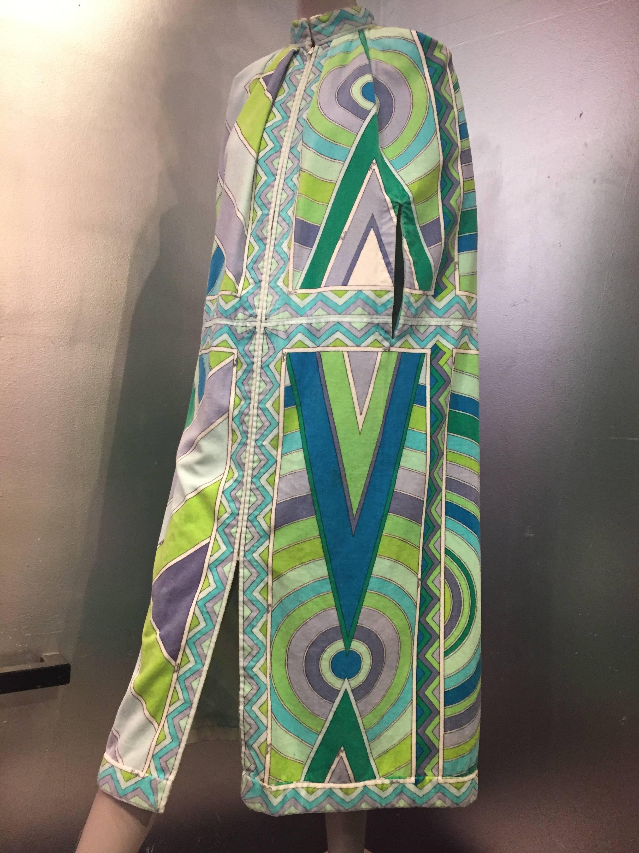 A fabulous and rare 1960s Emilio Pucci cotton terry cloth blue, green and lavender toned print pleated cape or beach cover-up with front zip closure and arm slits. Unlined. 