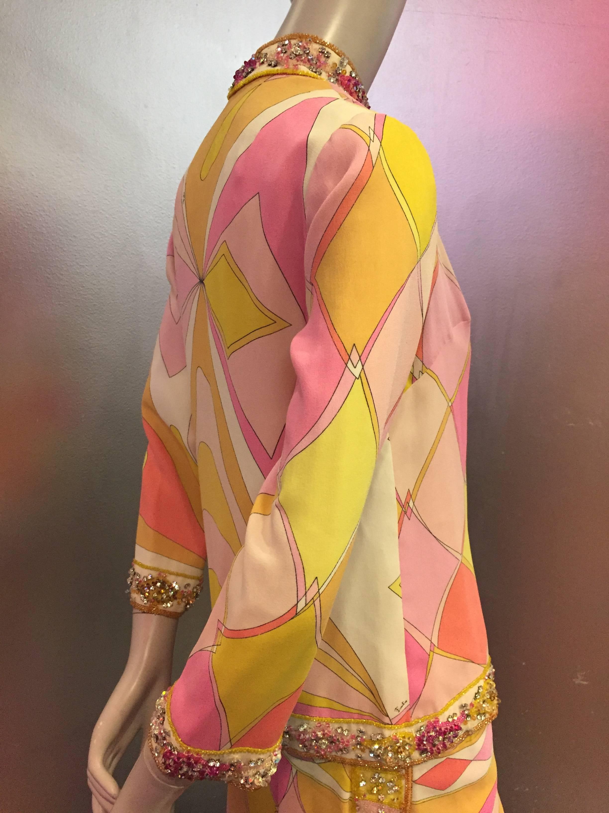 1960s Emilio Pucci Harlequin Print Evening Skirt and Cardigan w Jeweled Trim In Excellent Condition In Gresham, OR