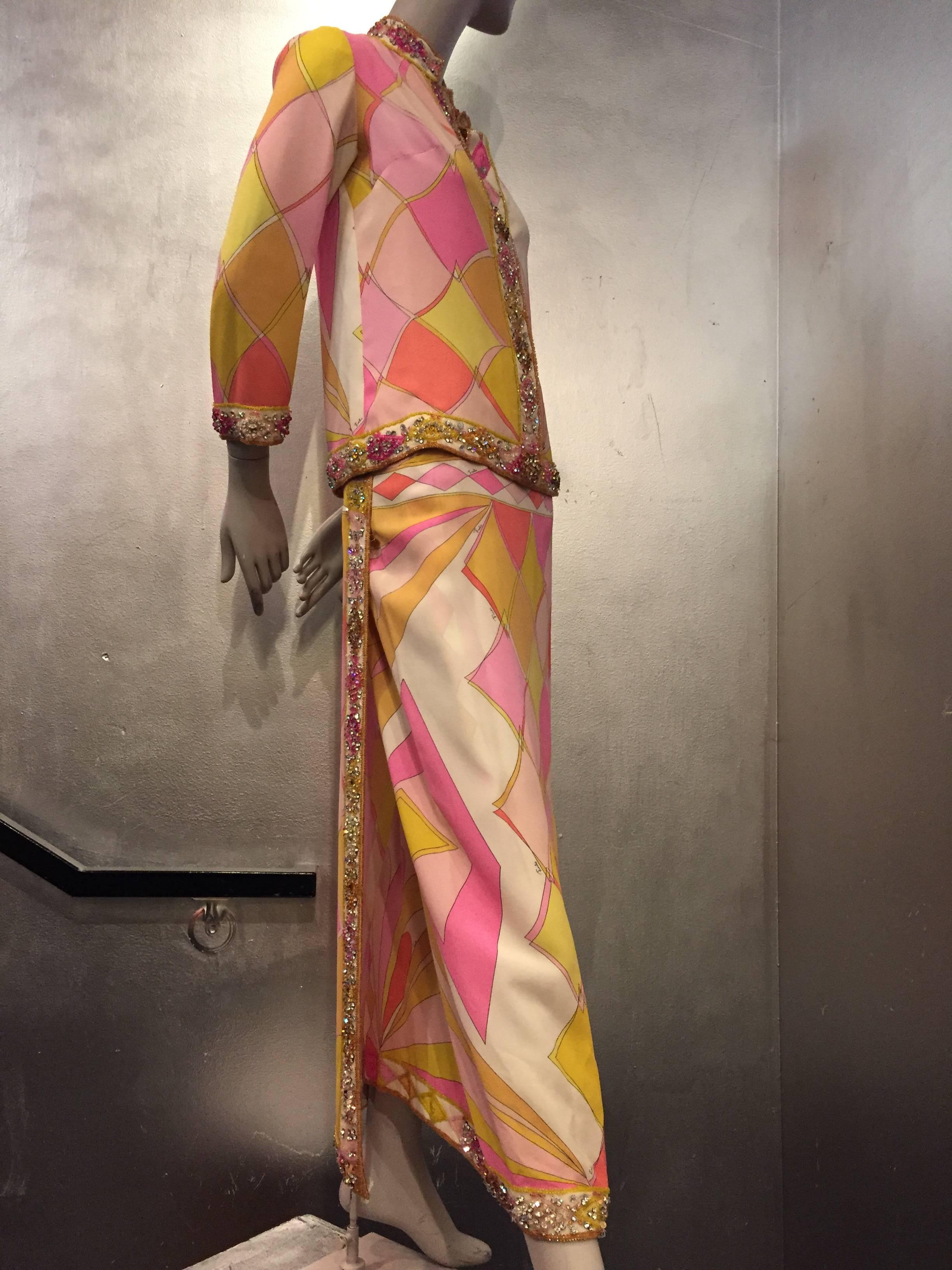 Women's 1960s Emilio Pucci Harlequin Print Evening Skirt and Cardigan w Jeweled Trim