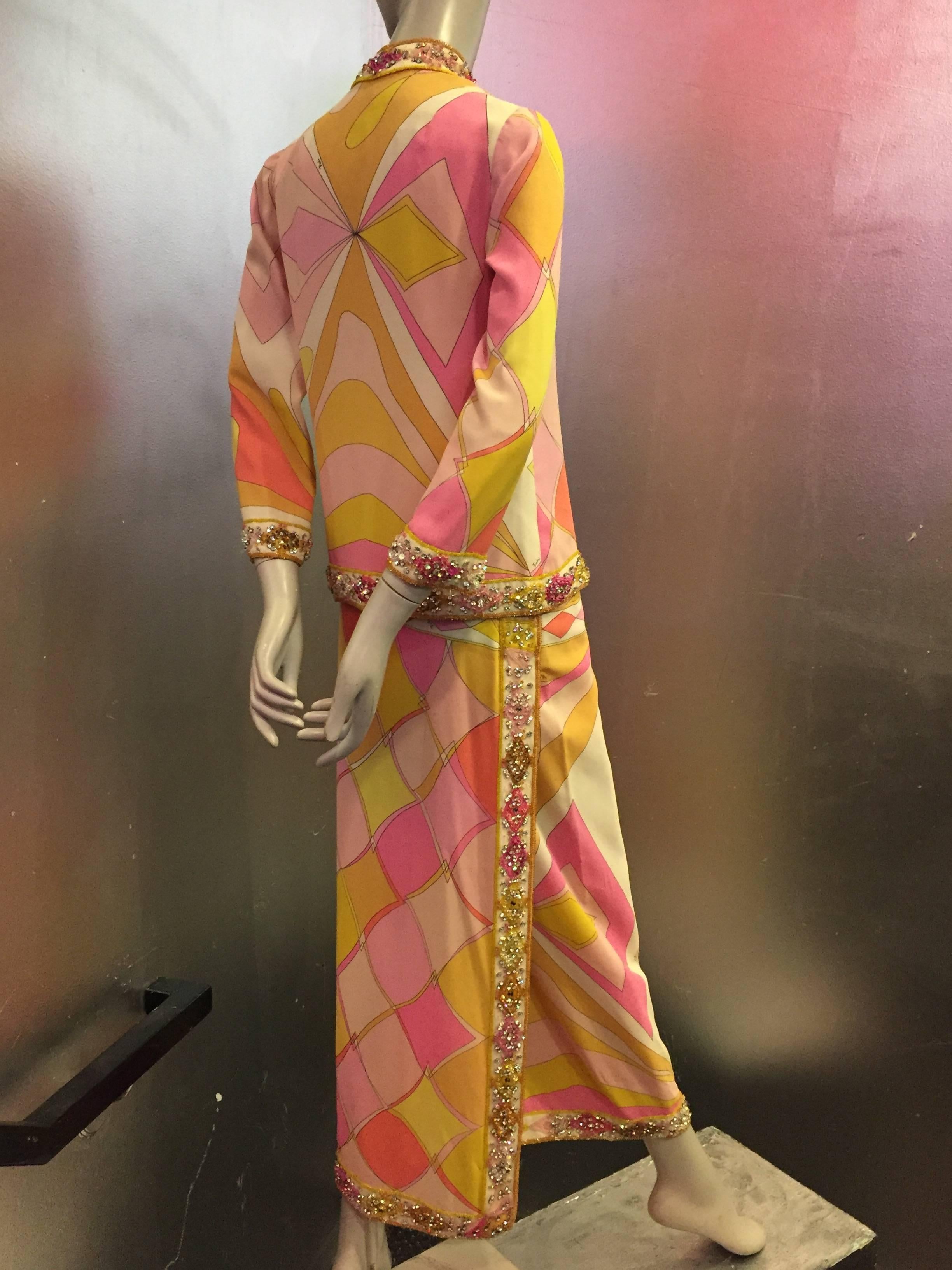 Beige 1960s Emilio Pucci Harlequin Print Evening Skirt and Cardigan w Jeweled Trim