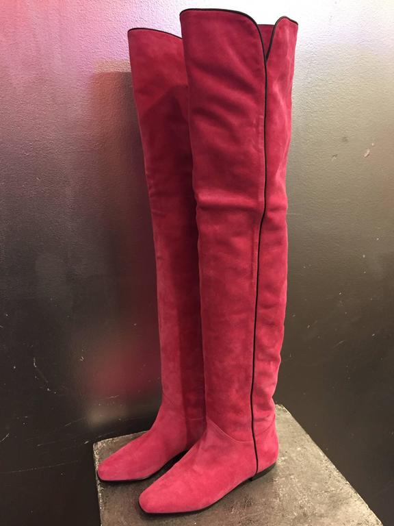 1980s Yves Saint Laurent Over-The-Knee Pink Suede Flat Boots w Black ...