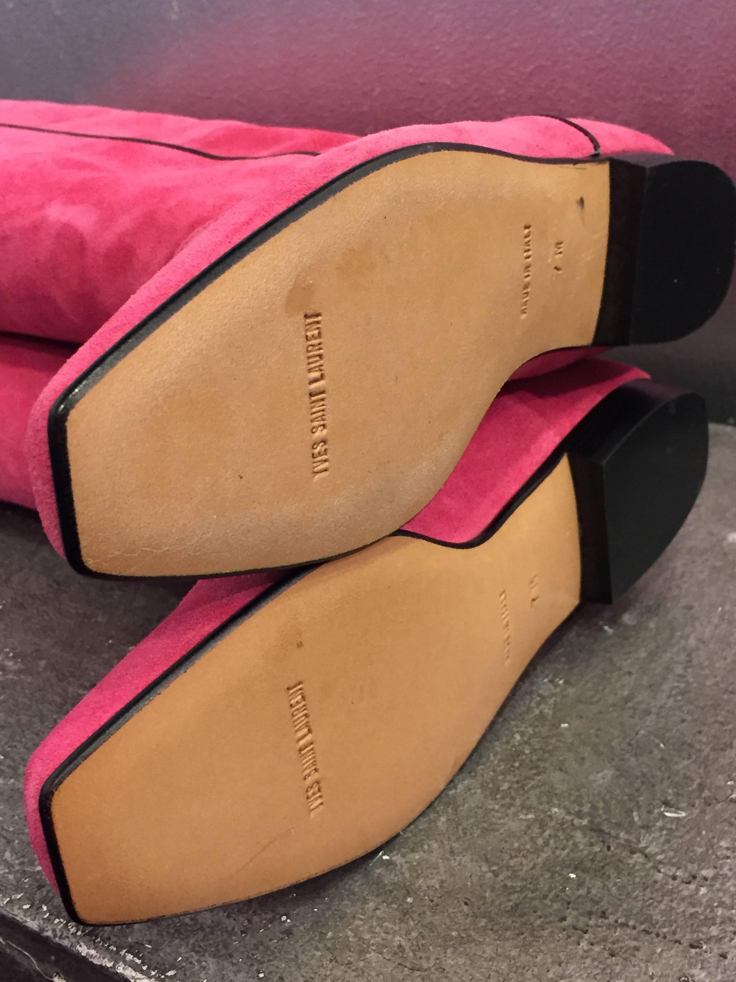 Red 1980s Yves Saint Laurent Over-The-Knee Pink Suede Flat Boots w Black Piping
