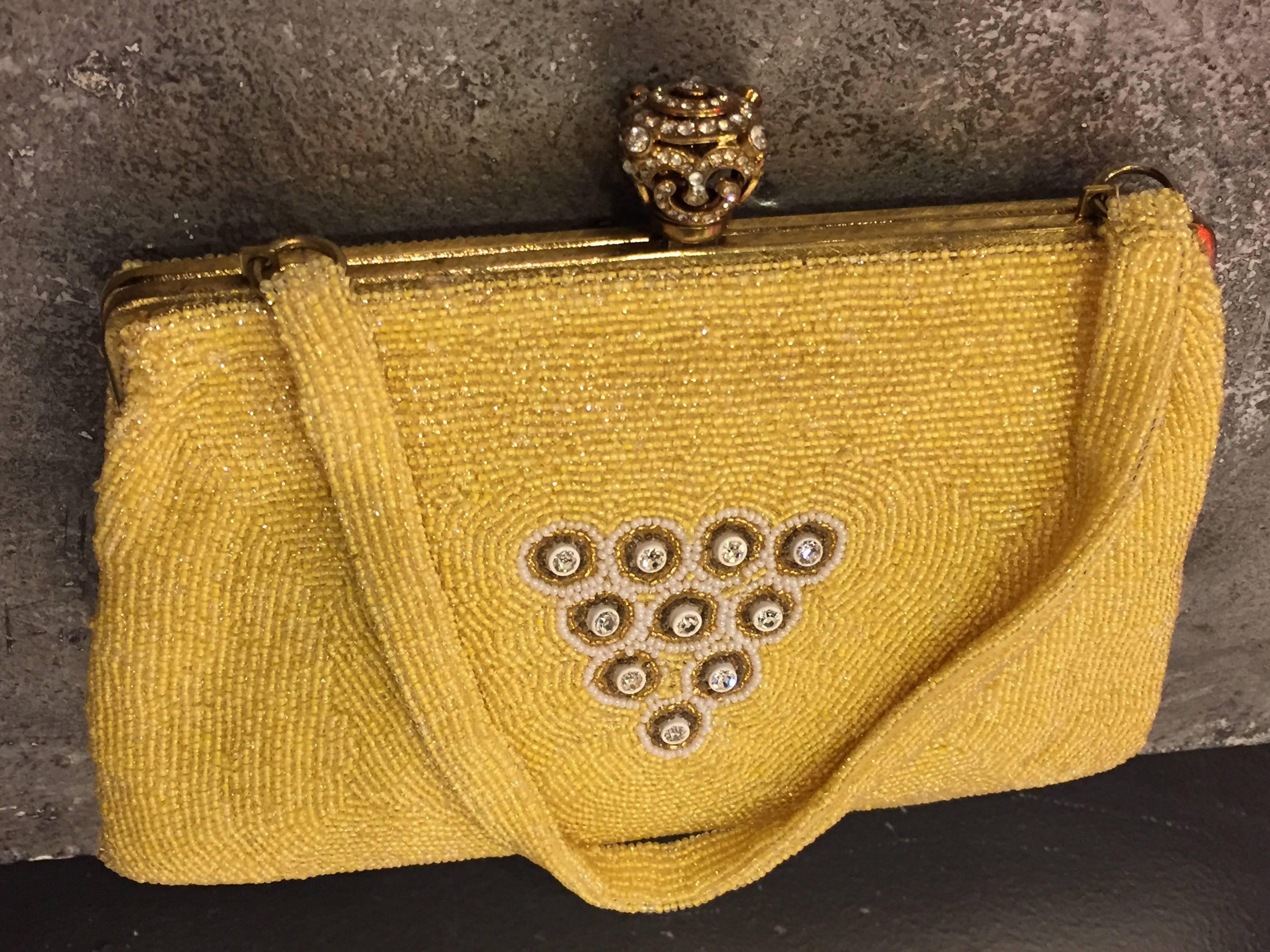 1950s Belgium-Made Buttercup Yellow Beaded Handbag w Rhinestones and Jewels  In Excellent Condition In Gresham, OR