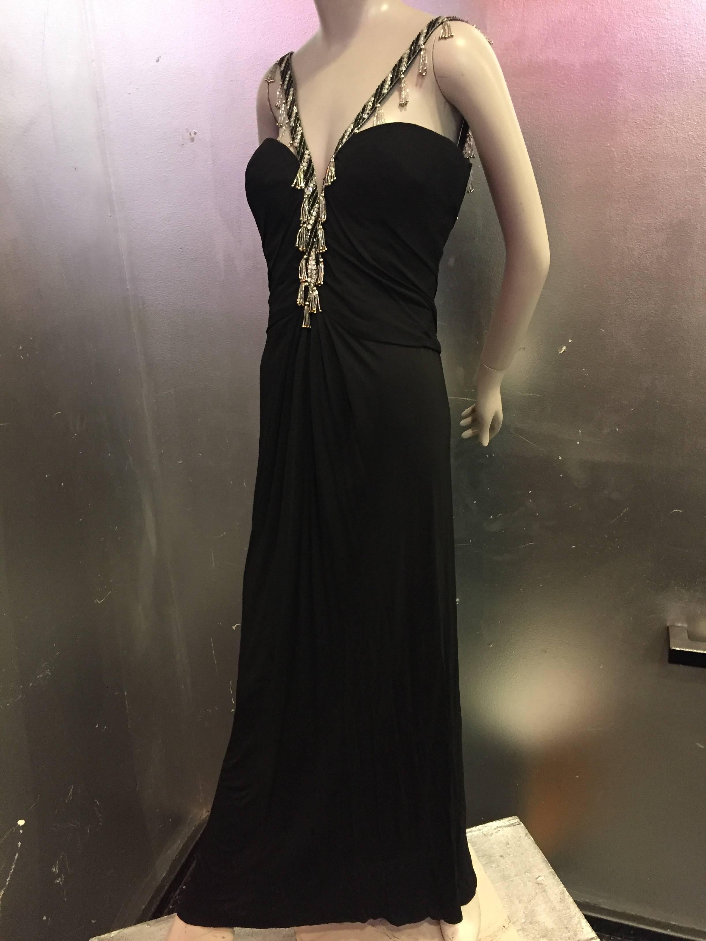 1980s Bob Mackie Classic Black Jersey Gown with Jewel Fringed Neckline and Back 2