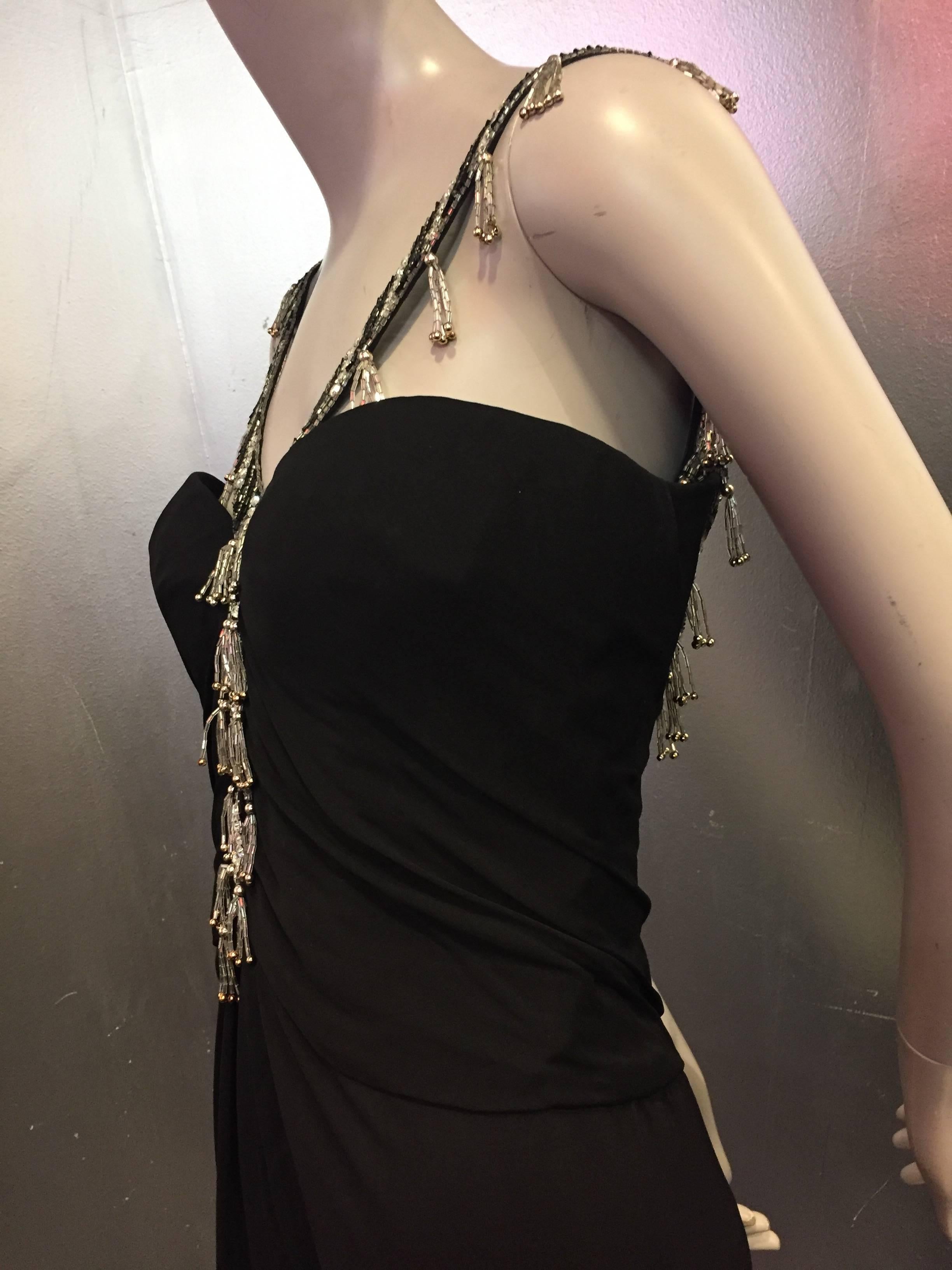 1980s Bob Mackie Classic Black Jersey Gown with Jewel Fringed Neckline and Back In Excellent Condition In Gresham, OR