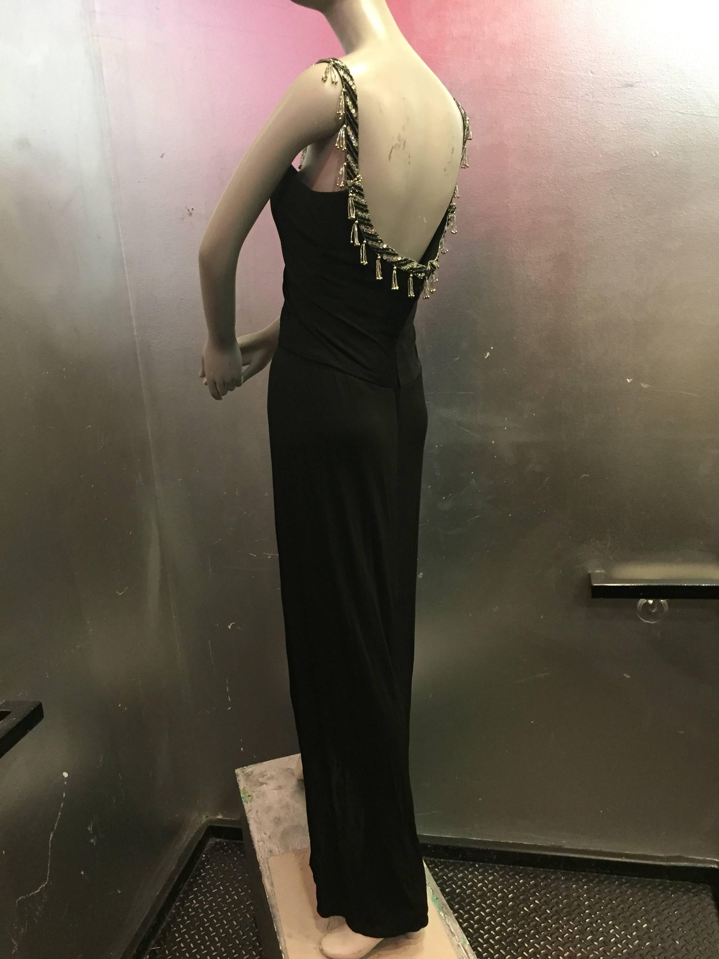 1980s Bob Mackie Classic Black Jersey Gown with Jewel Fringed Neckline and Back 1