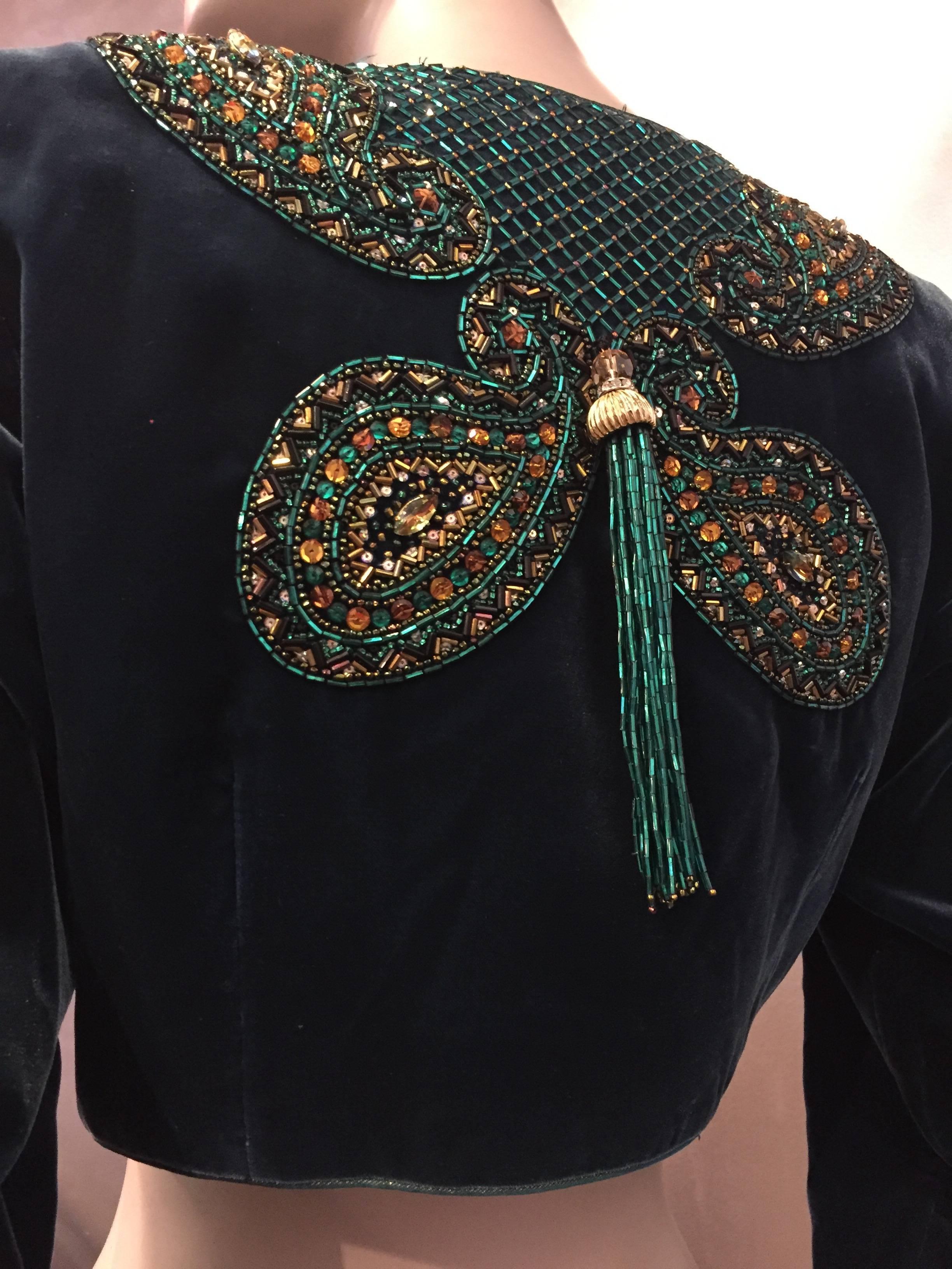 Black 1980's Peacock Blue Beaded Velvet Bolero with Fringe Tassels 