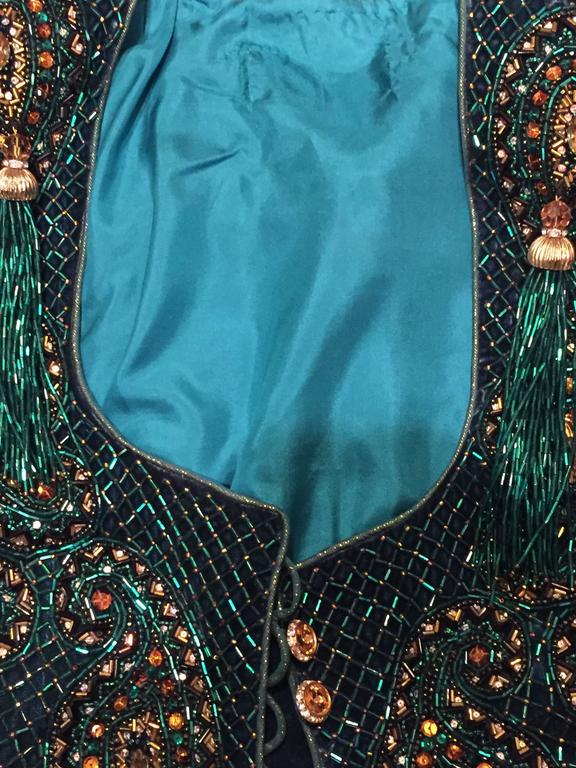 1980's Peacock Blue Beaded Velvet Bolero with Fringe Tassels For Sale ...