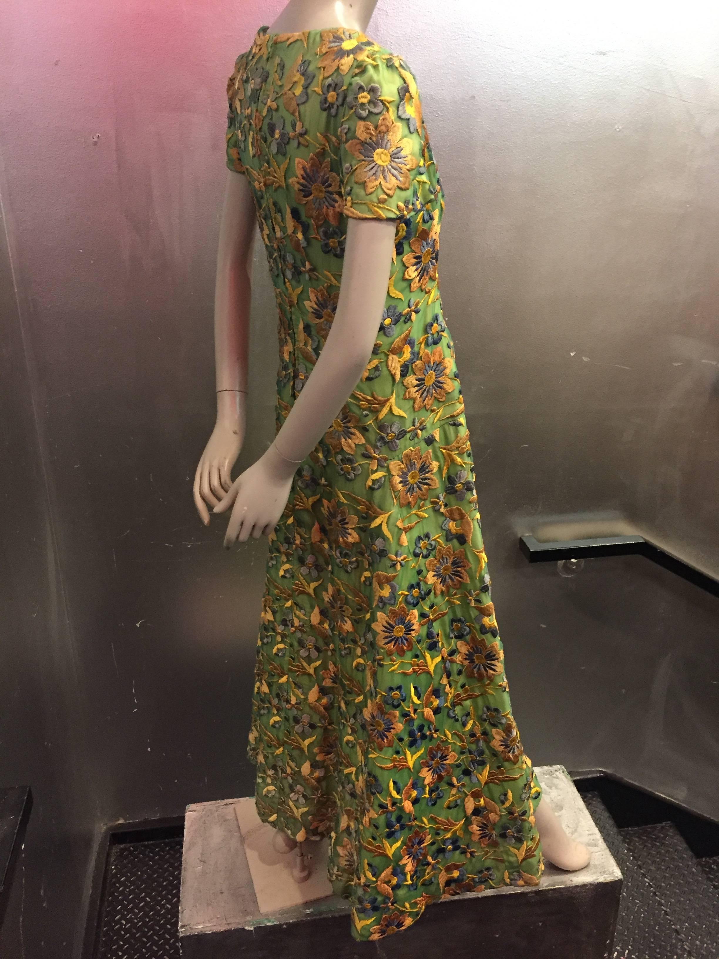 1960s Arnold Scaasi Heavily Emboidered Silk Floral Gown in Green Gold and Blue In Excellent Condition In Gresham, OR