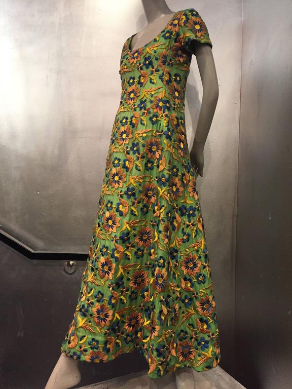 1960s Arnold Scaasi Heavily Emboidered Silk Floral Gown in Green Gold ...