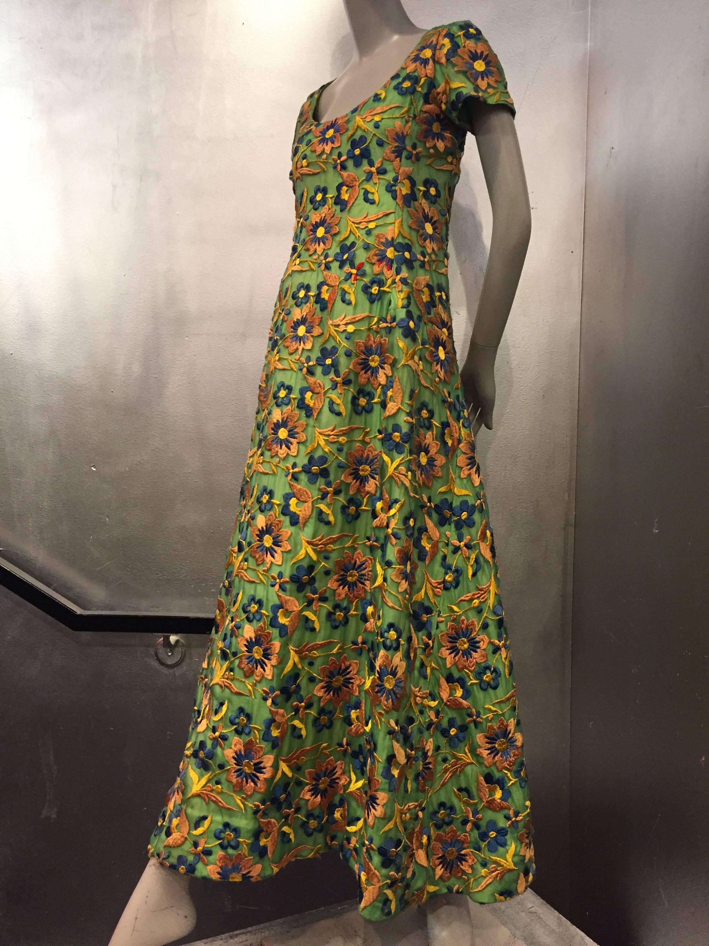 1960s Arnold Scaasi Heavily Emboidered Silk Floral Gown in Green Gold and Blue 1