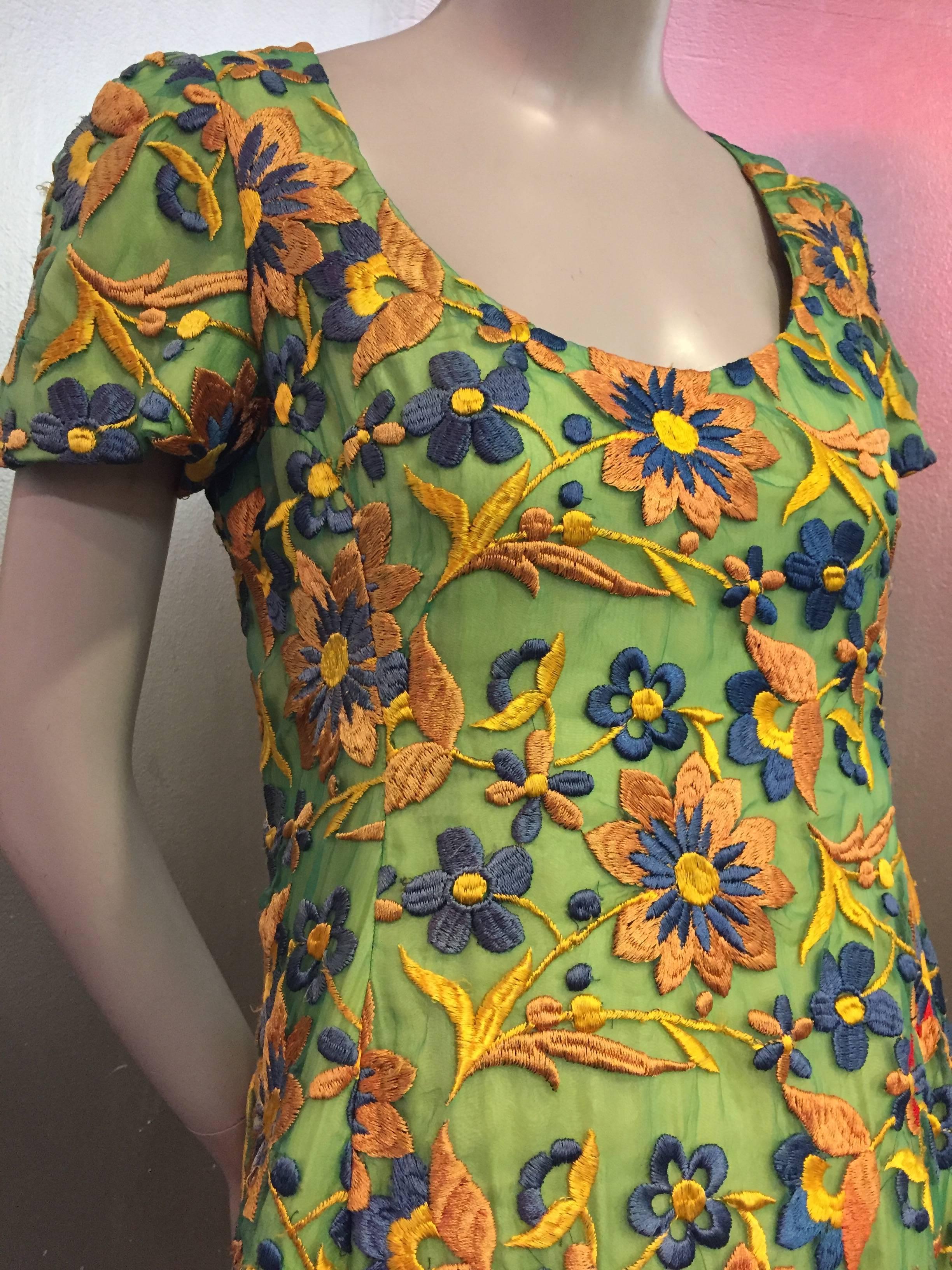 Brown 1960s Arnold Scaasi Heavily Emboidered Silk Floral Gown in Green Gold and Blue