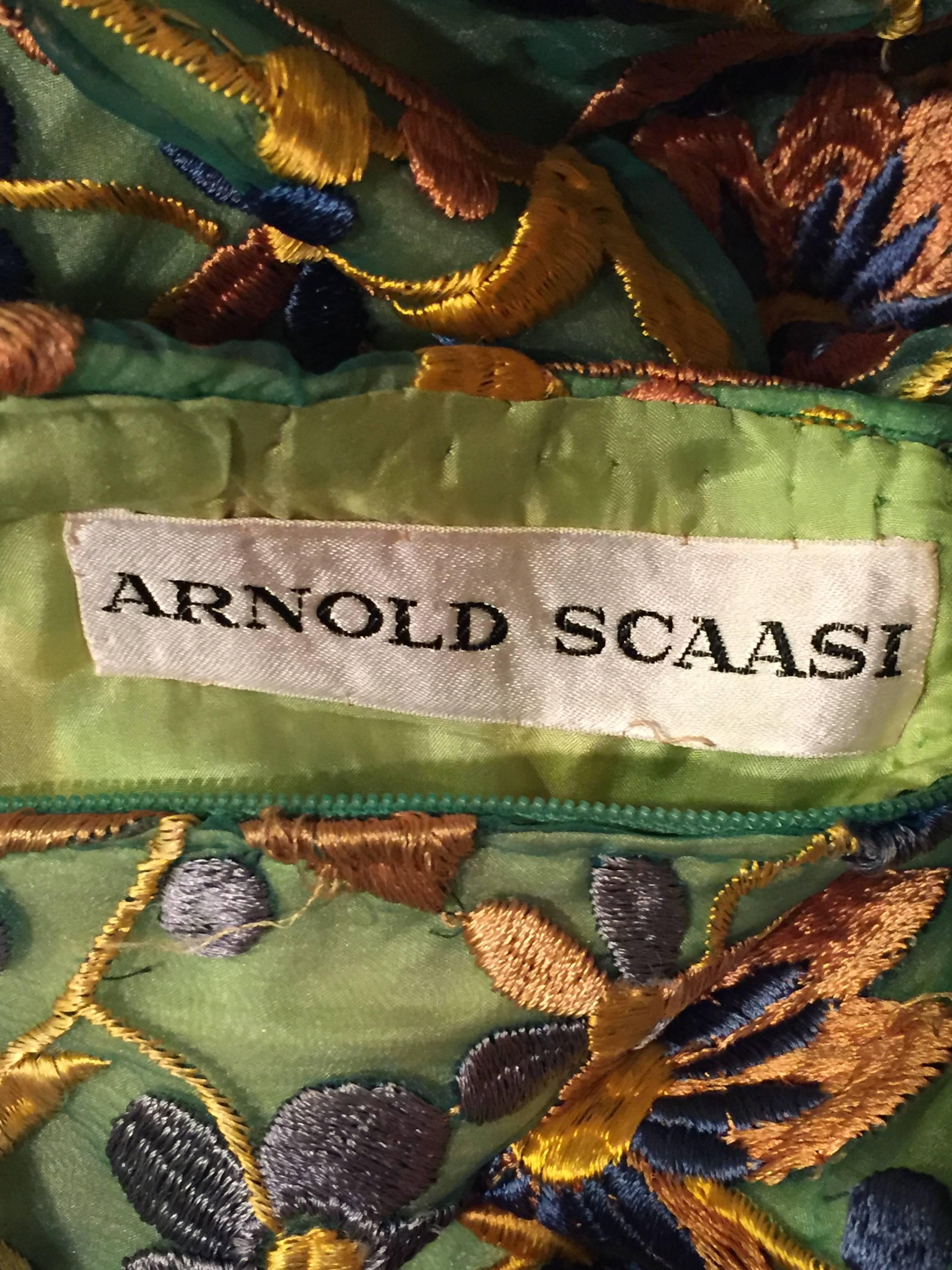 1960s Arnold Scaasi Heavily Emboidered Silk Floral Gown in Green Gold and Blue 3