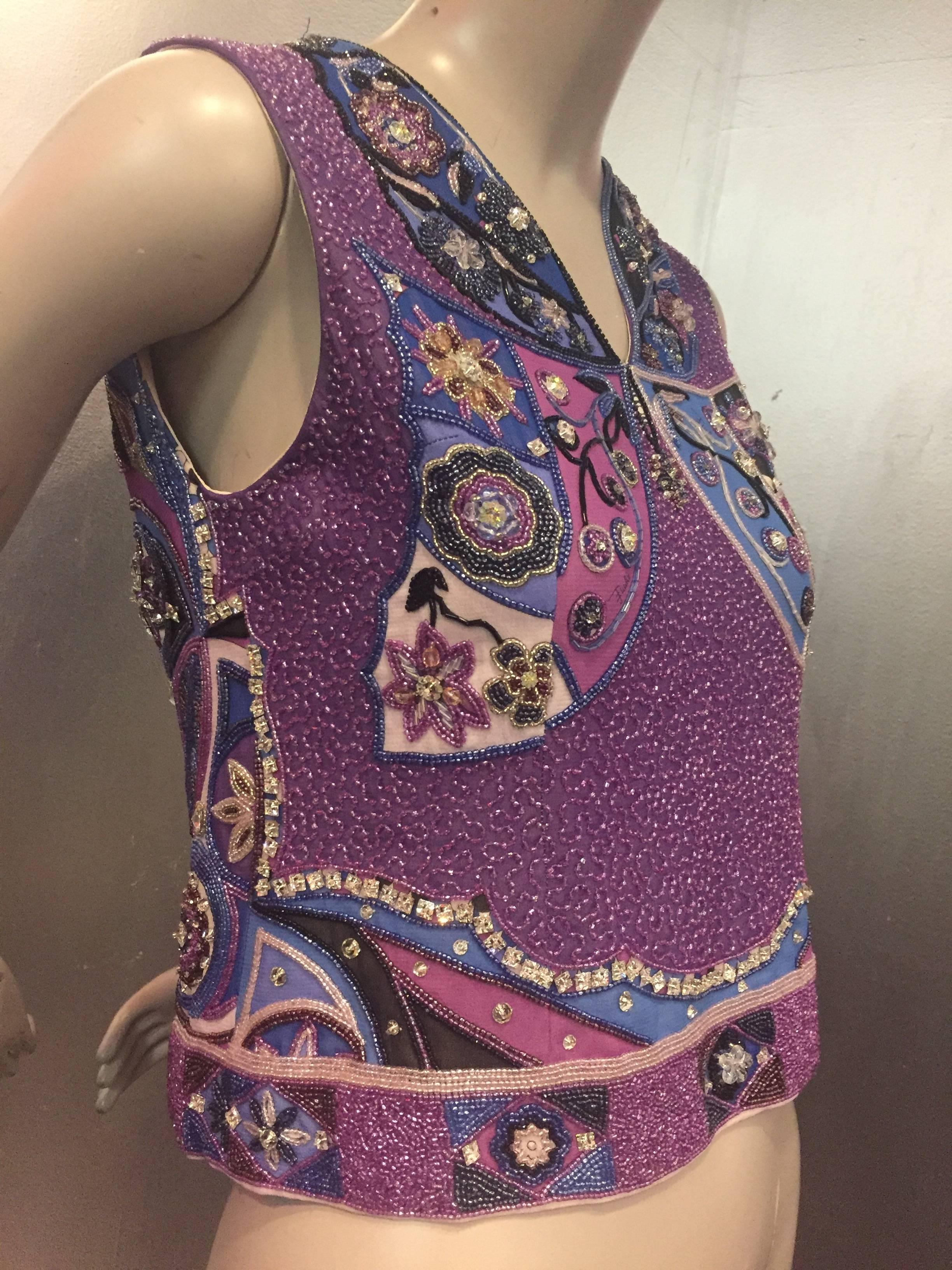 A fabulous 1960s Emilio Pucci beaded and embellished iconic Pucci print top with beaded buttons down the back. Lined. 