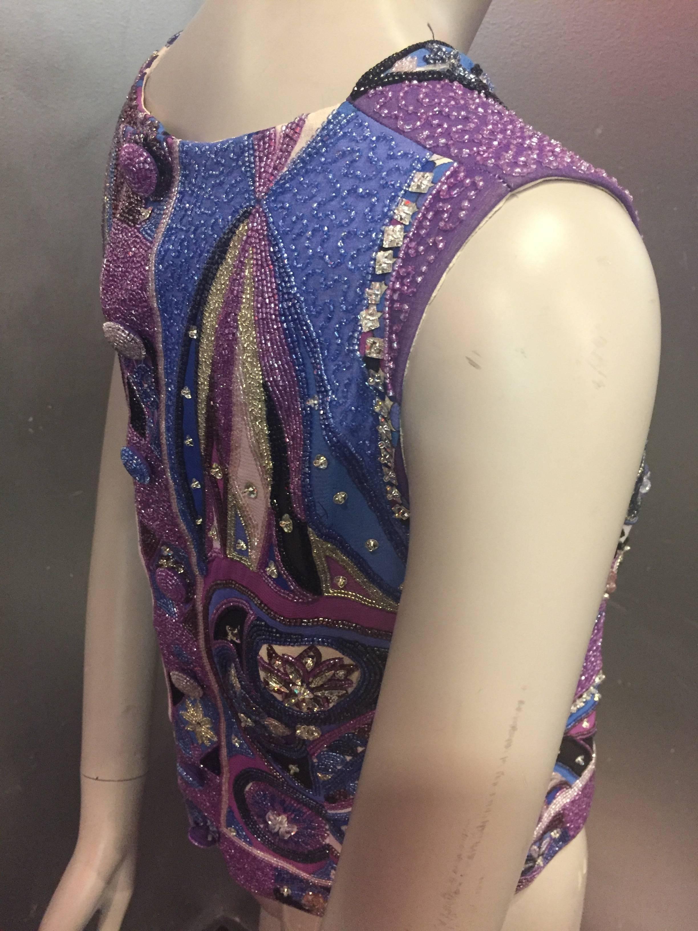 Women's 1960s Emilio Pucci Beaded and Embellished Print Top w Back Buttons
