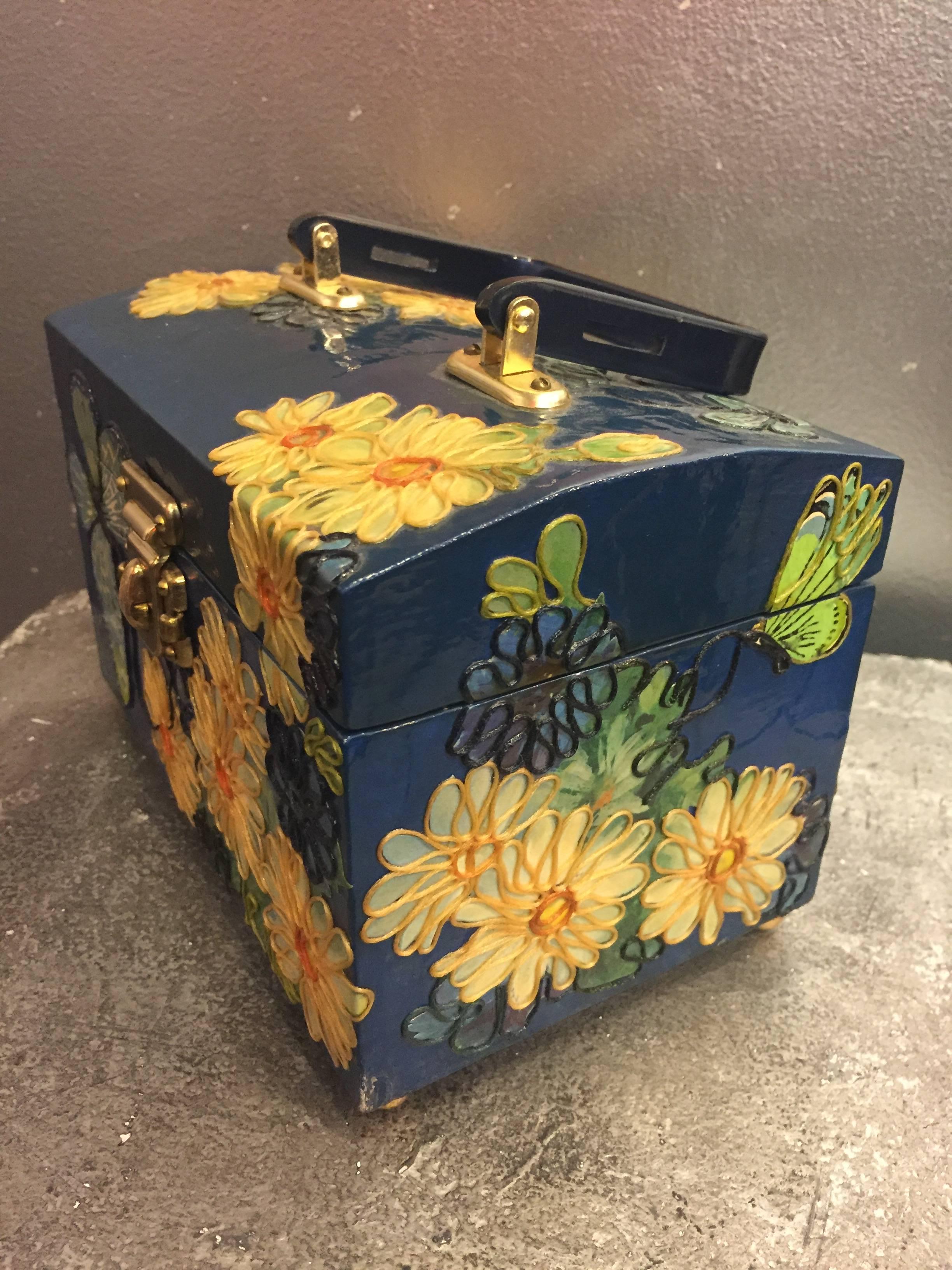 Black 1960s Wooden Box Purse w Painted and Applied Flowers & Butterflies 