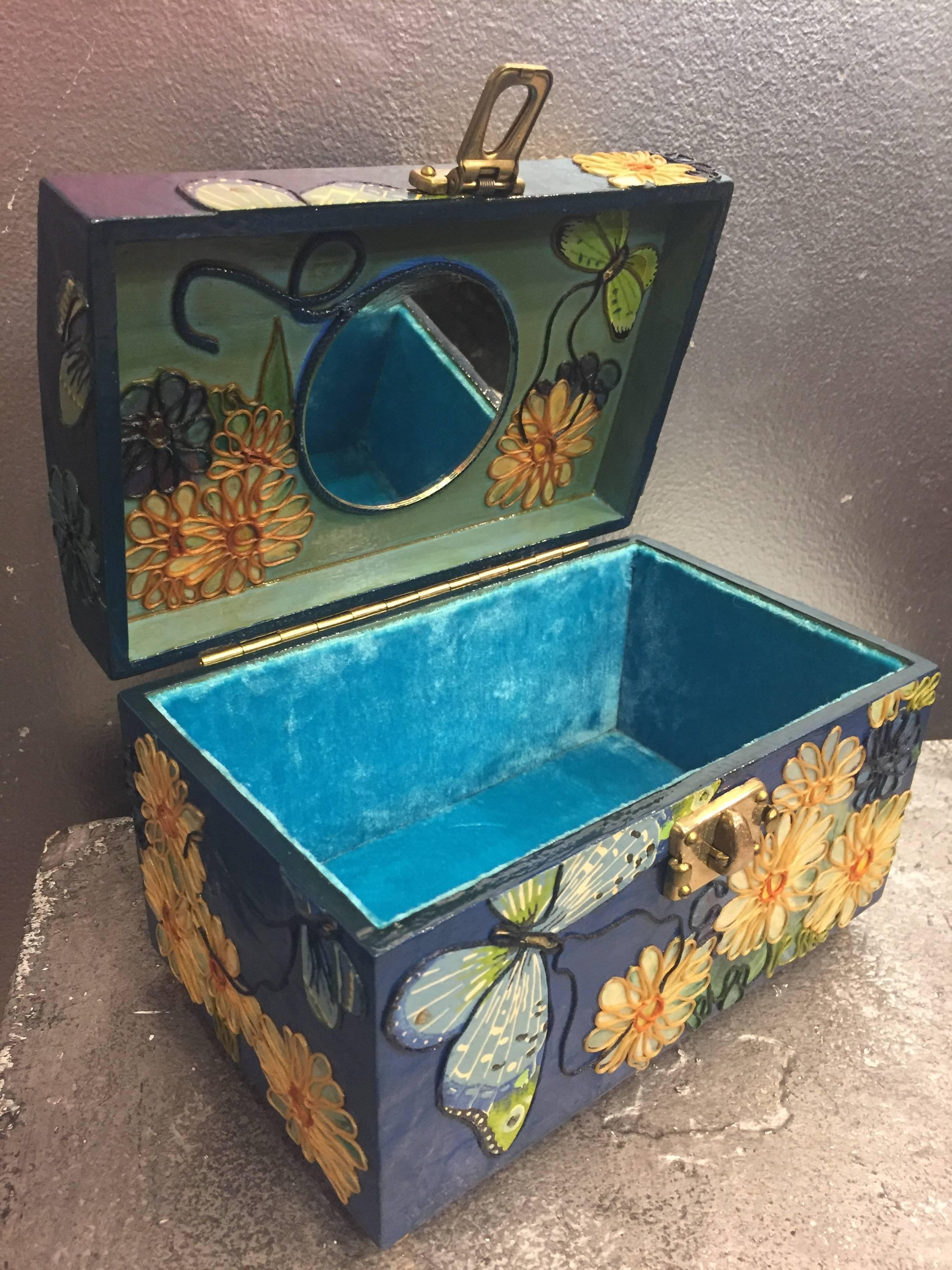 1960s Wooden Box Purse w Painted and Applied Flowers & Butterflies  2