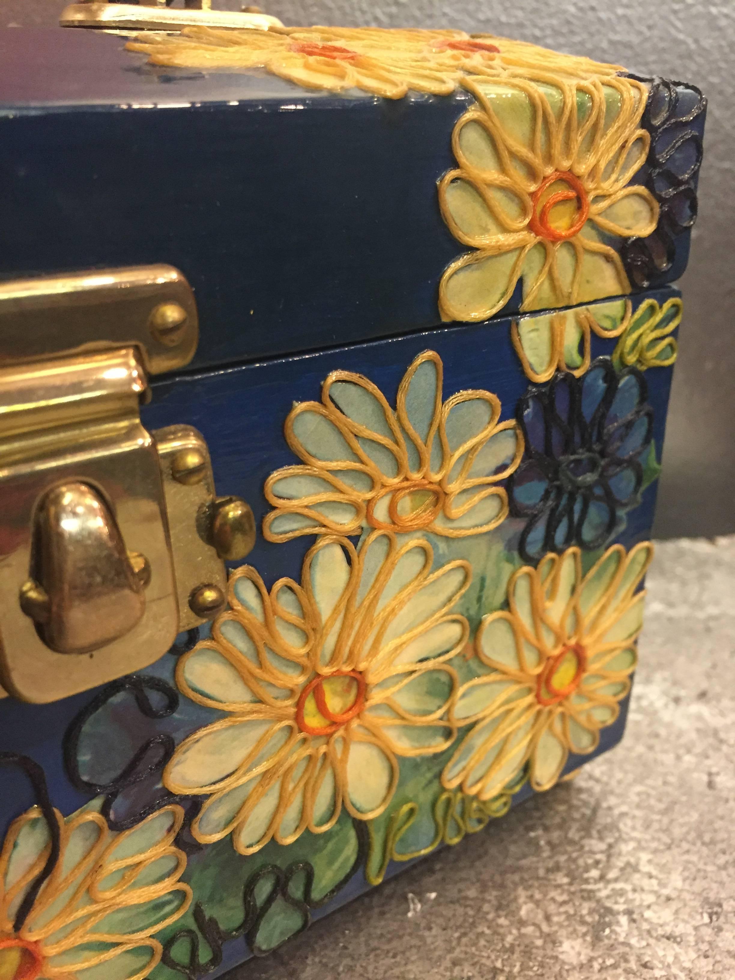 1960s Wooden Box Purse w Painted and Applied Flowers & Butterflies  3