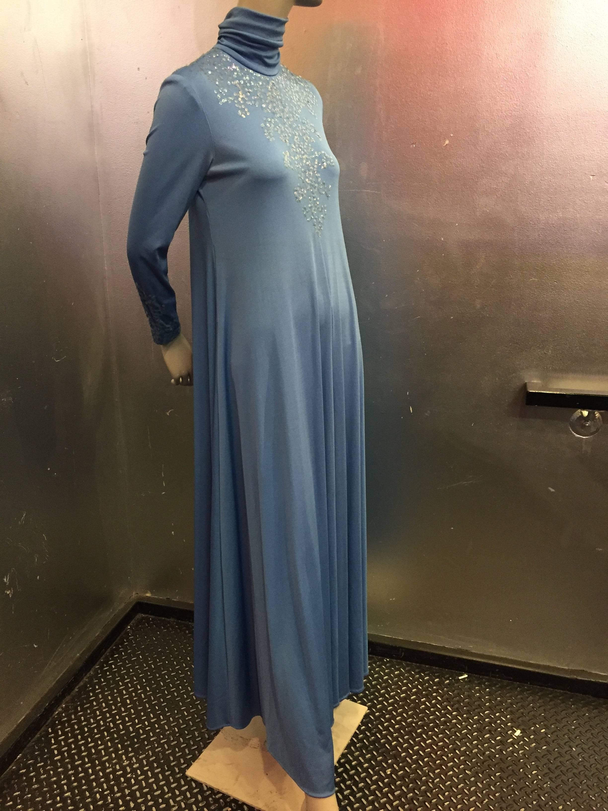 1970s Liquid Blue Jersey Maxi Dress w Sequined Bodice and High Neck 3
