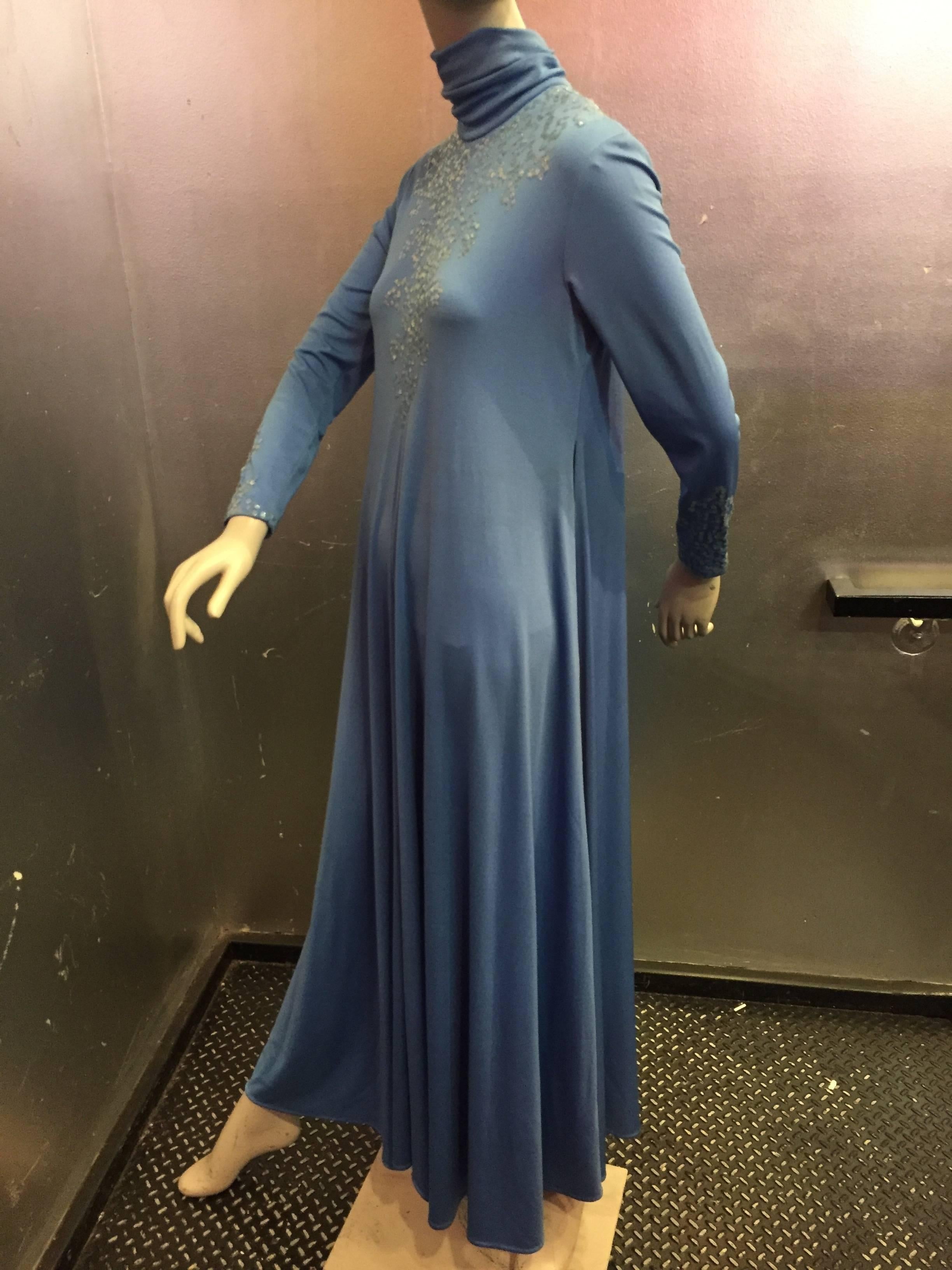 1970s Liquid Blue Jersey Maxi Dress w Sequined Bodice and High Neck In Excellent Condition In Gresham, OR