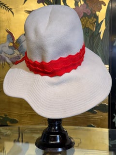 Late 1960s Mr. John Wide Brimmed Hat in Bone Wool Felt w Whimsical Rick-Rack