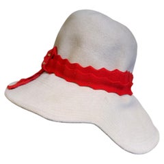 Late 1960s Mr. John Wide Brimmed Hat in Bone Wool Felt w Whimsical Rick-Rack