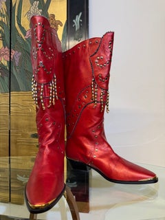 Westernstiefel aus rotem Metallic-Leder in Wadenlänge von Margaret Jerrald aus den 1980er Jahren