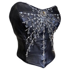 1980 s EREZ Lambskin Leather Bustier w Crystal Teardrop Spiderweb Embellishment