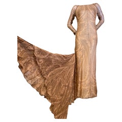 2000s Bill Blass Silk Chiffon Oversized Paisley Print Gown w Full Fluted Train
