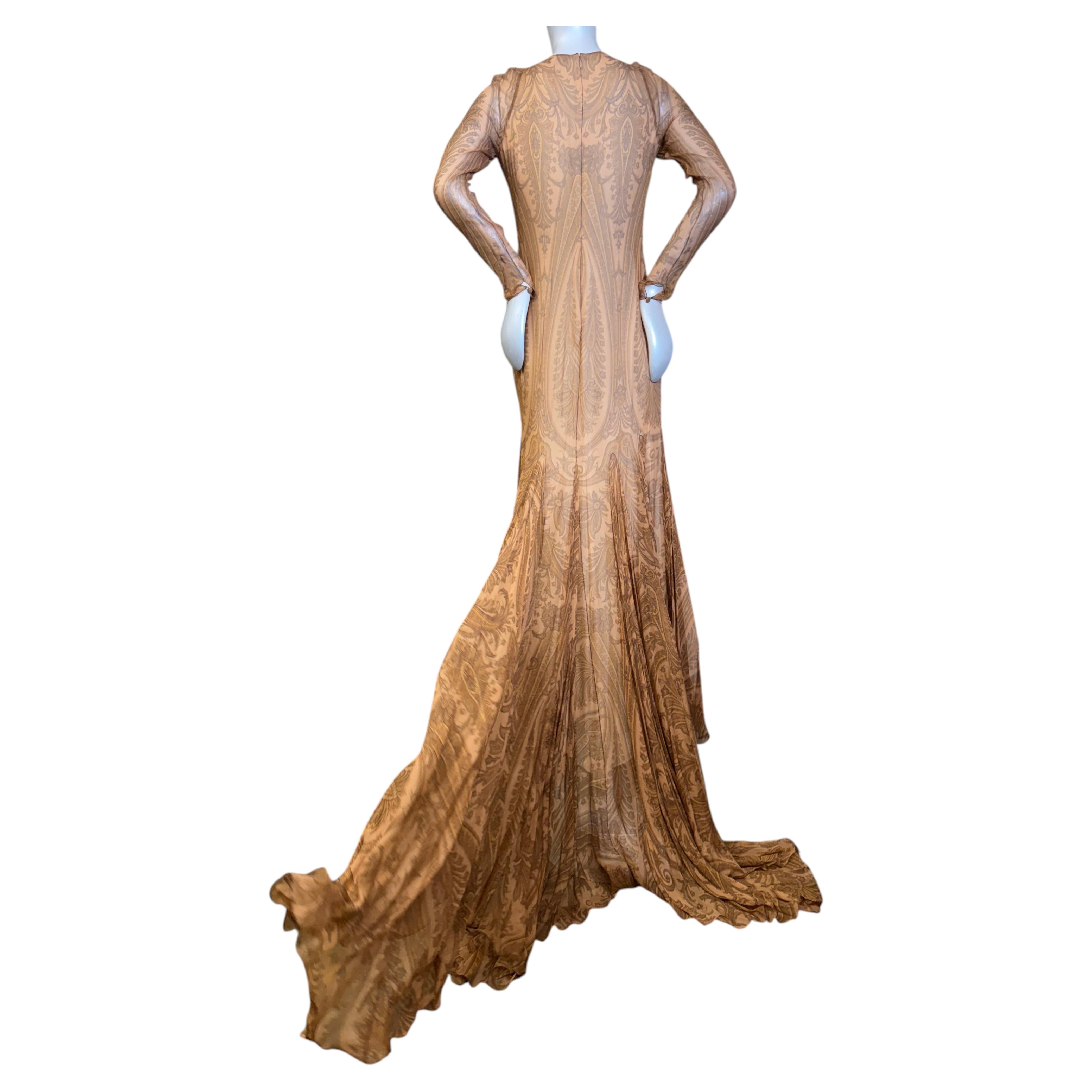 Pre-owned Bill Blass 2000s  Silk Chiffon Oversized Paisley Print Gown W Full Fluted Train In Brown