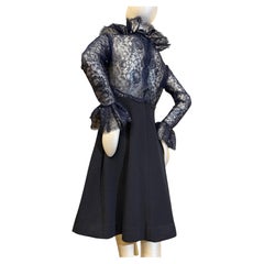 1970s Carolyn Roehm Sexy Navy Cocktail Dress in Gorgeous Lace & Wool Jersey