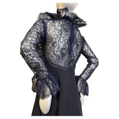 1970s Carolyn Roehm Sexy Navy Cocktail Dress in Gorgeous Lace & Wool Jersey