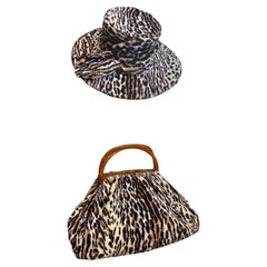 1950s Faux Leopard Print Saucer Hat & Bag w Amber Lucite Locking Handles