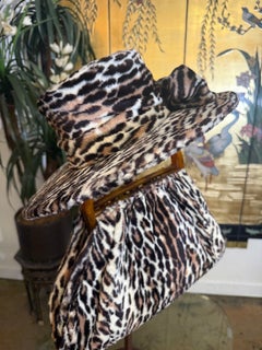 1950s Faux Leopard Print Saucer Hat & Bag w Amber Lucite Locking Handles
