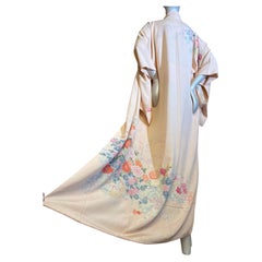 1940s Petal Pink Silk Kimono w Delicate Hand-Painted Floral Designs