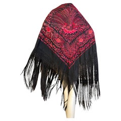 1920s Heavily Embroidered Silk Piano Shawl In European Style w Long Fringe
