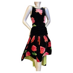 1920s Sally Milgrim Silk Velvet Deco Floral Dropped Waist Dress w High Low Hem