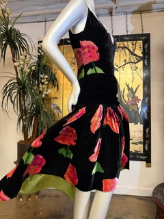1920s Sally Milgrim Silk Velvet Deco Floral Dropped Waist Dress w High Low Hem