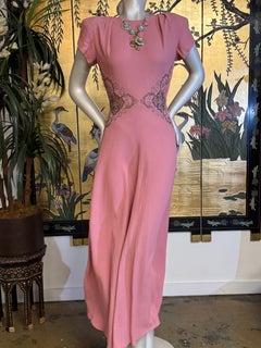 1940s Pink Rayon Crepe Gown With Fantastic Silver Beadwork Waist Details