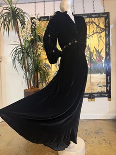 1930s Black Silk Velvet Dressing Gown With Gold-Tone Stud Embellishment
