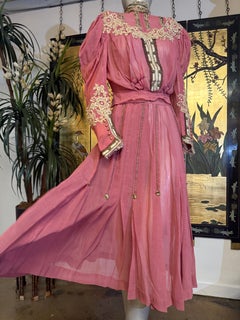 Victorian Rose Color Sheer Blouse & Skirt Ribbon & Lace Embellished Ensemble
