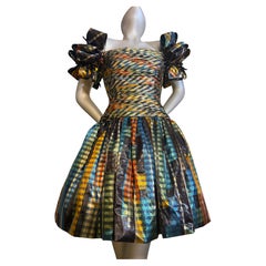1980s Novarese Gold Plaid Cocktail Mini Dress