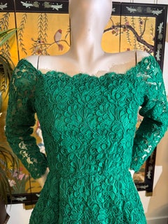 1990s Arnold Scaasi Emerald Green Embroidered Lace Off-Shoulder Cocktail Dress